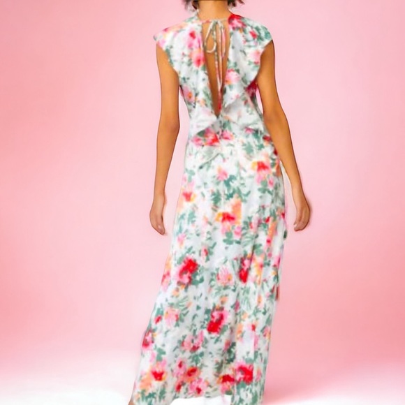 Anthropologie x Hutch Faux Wrap 6P / Sm Pink Green Floral Silky Maxi Dress - Picture 7 of 9